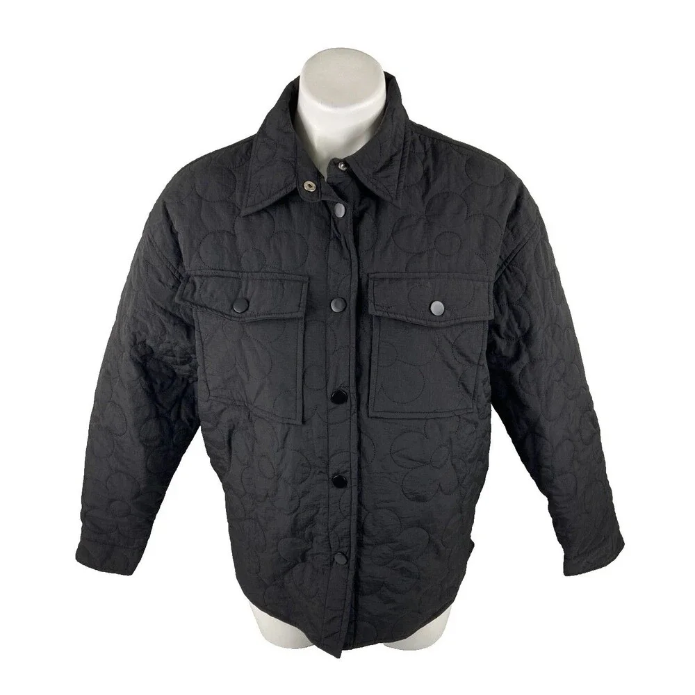 Entro Women Medium Black Jacket Metal Snap Flower Quilting Lightweight